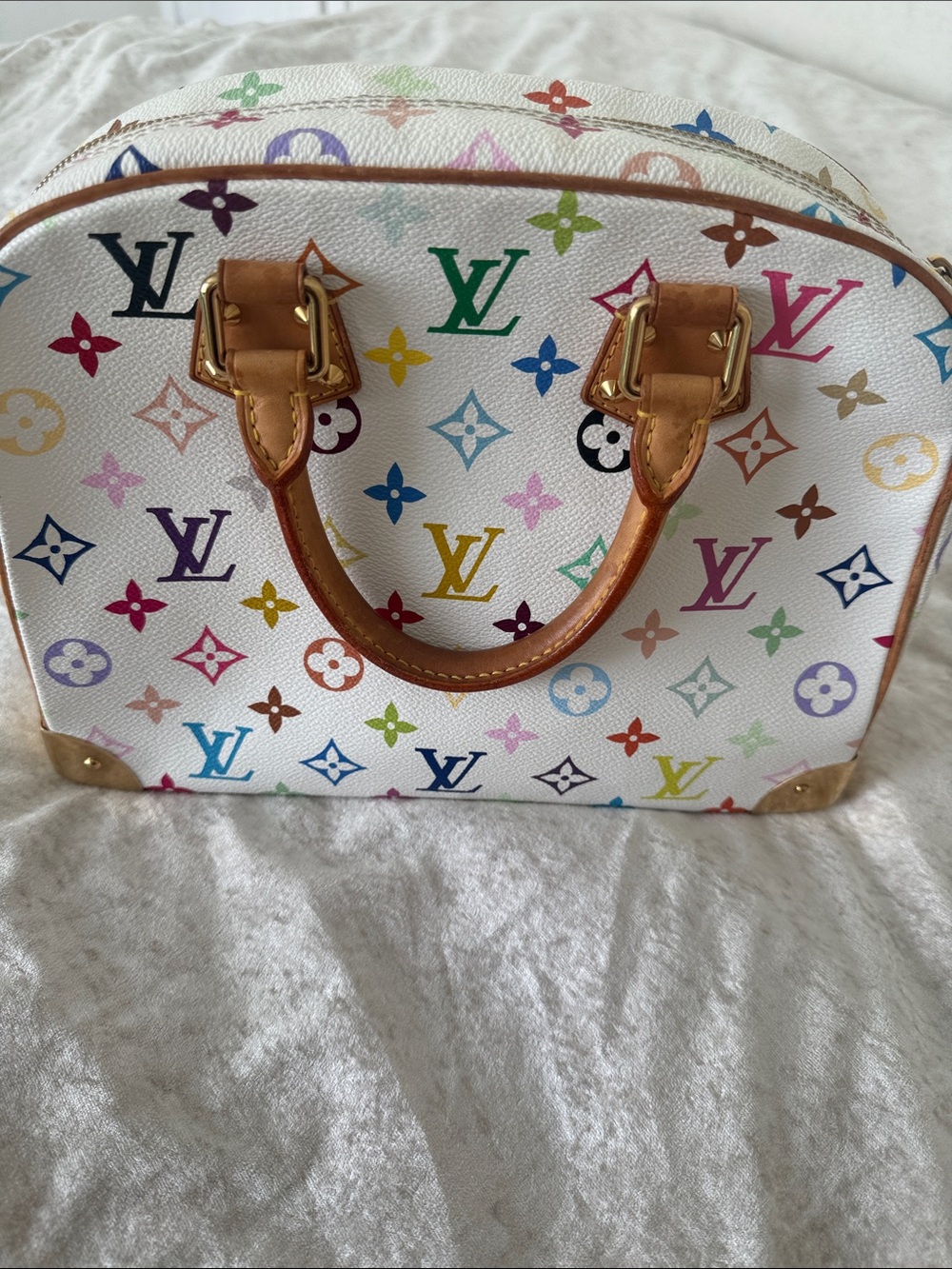 Louis Vuitton Multicolor Monogram White Satchel with Natural Leather Handles